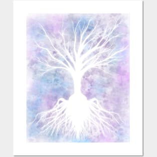 Glowing tree on purple background Posters and Art